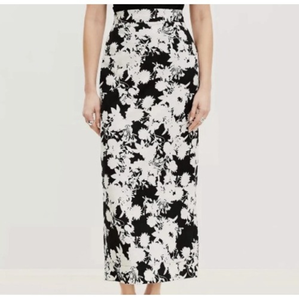 LOFT Skirt Black White 2P Womens Floral Linen Blend Midi NEW